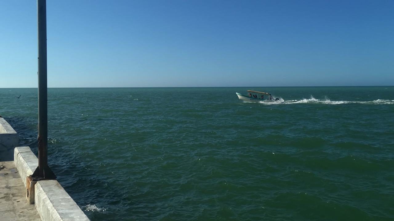 Lancha navegando en el mar de Celestún