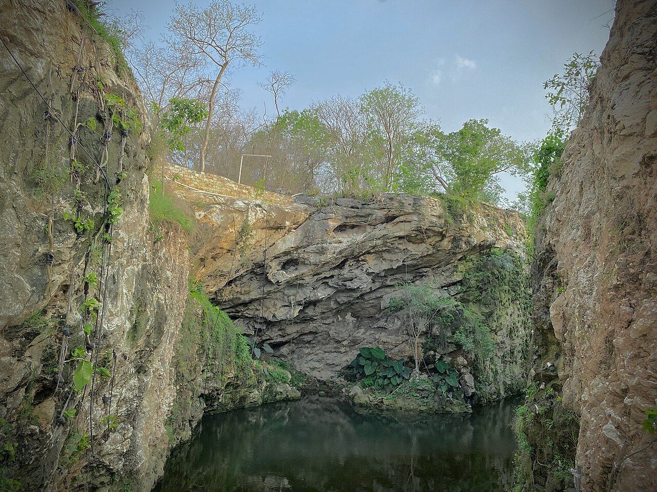 Paredes de roca y vegetación sobre el agua en Santa Bárbara, Homún