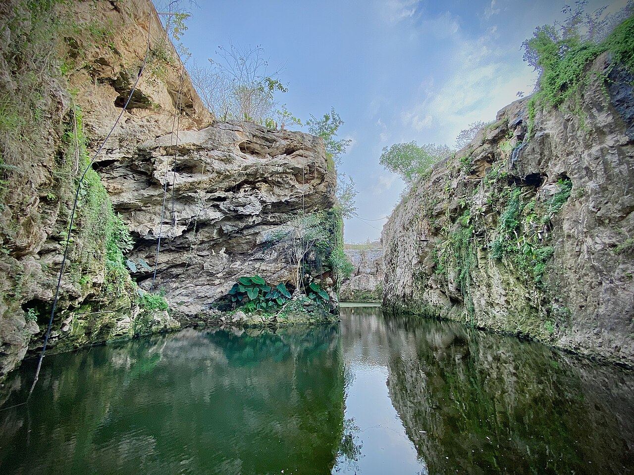 Cenote abierto entre paredes de roca en Santa Bárbara, Homún