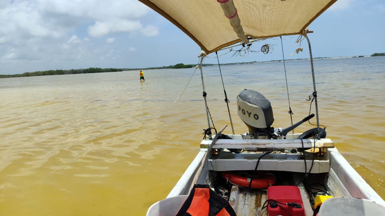 Lancha con toldo navegando la ría de Río Lagartos