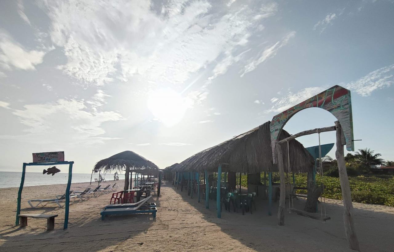 Palapas, camastros y columpio en la playa de Sisal